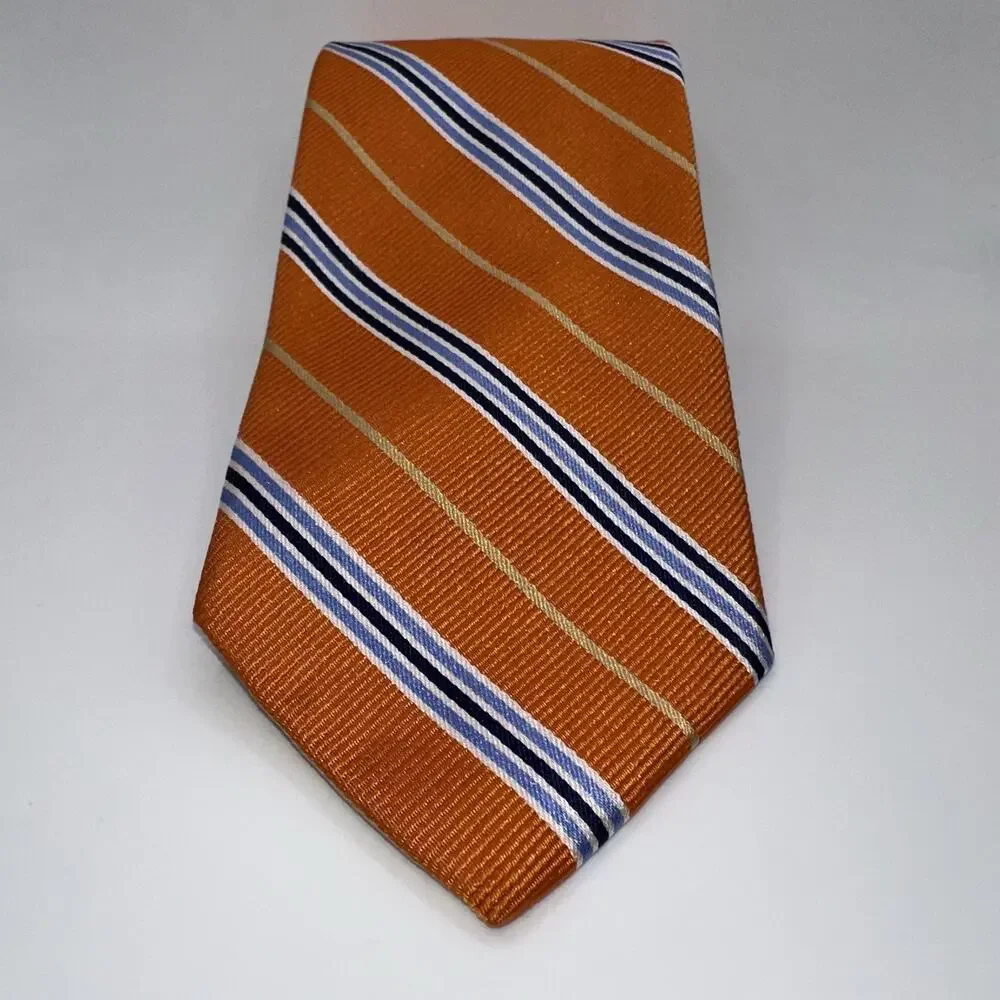 Paul Fredrick Mens Tie Orange Blue Gold Striped 100% Silk 58 x‎ 3.5 Classic